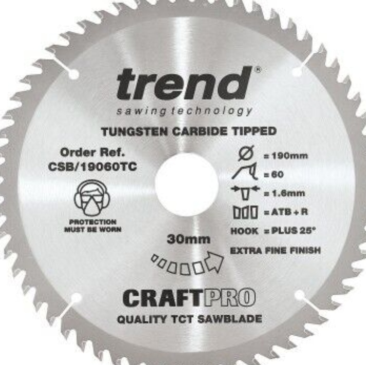 Trend CraftPro Thin Kerf Cordless Saw Blade - 190mm dia x 1.6 kerf x 30 bore 60T