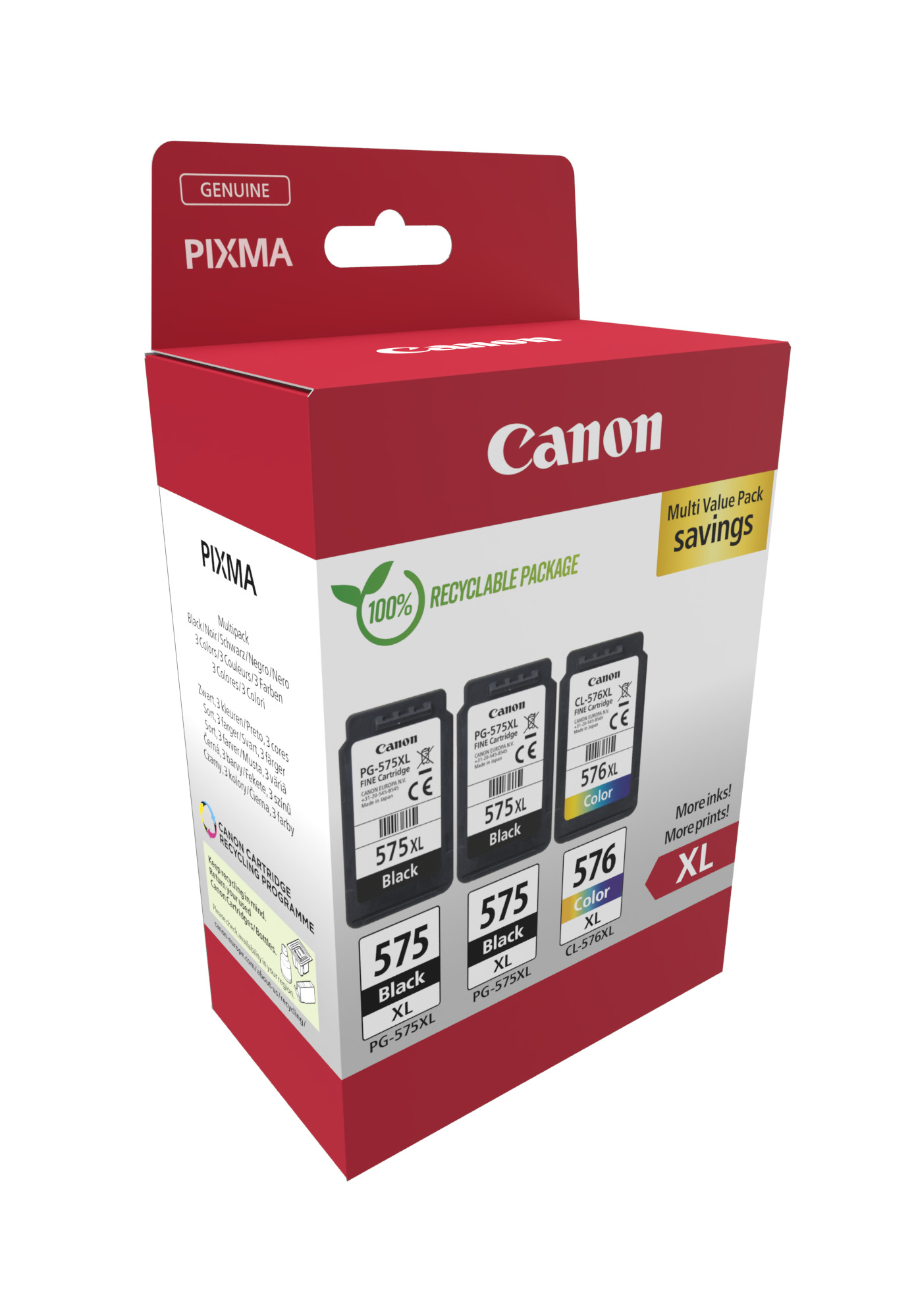 Canon PG-575XL x 2 / CL-576XL High Yield Genuine Ink Cartridges, Pack of 3 (2 x