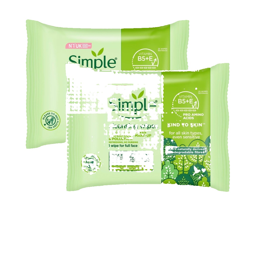2x Simple Kind to Skin Double Sided Cleansing Biodegradable Facial Wipes, 25pcs