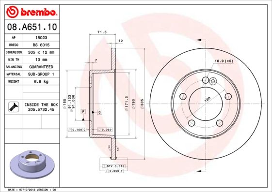 2x Brake Discs Pair Solid Rear 305mm 08.A651.10 Brembo Set 4320600Q0B 4421080 - Image 2