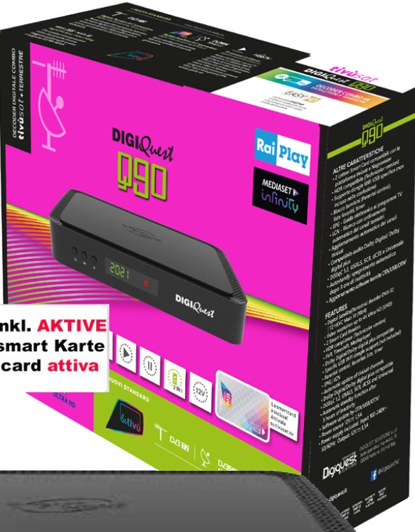 Tivusat Digiquest Q90 HD 4K with Activated Tivusat Card- Watch FREE Italian TV