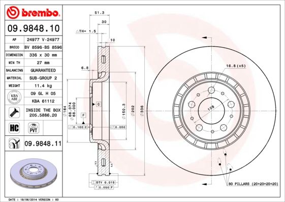 2x Brake Discs Pair Vented Front 336mm 09.9848.11 Brembo Set 30657301 306573013