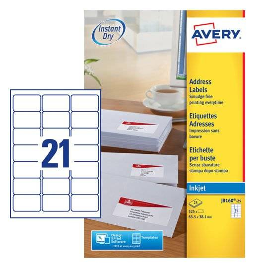 Avery White 63.5x38.1mm Inkjet Address Labels / 21 Per Page / 25 Sheets J8160-25