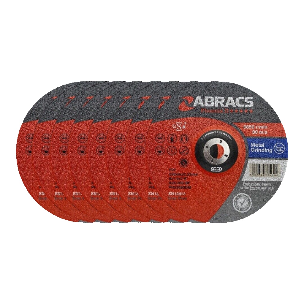 5 x Abracs 230mm x 6.0mm 22mm bore depressed centre metal grinding discs steel