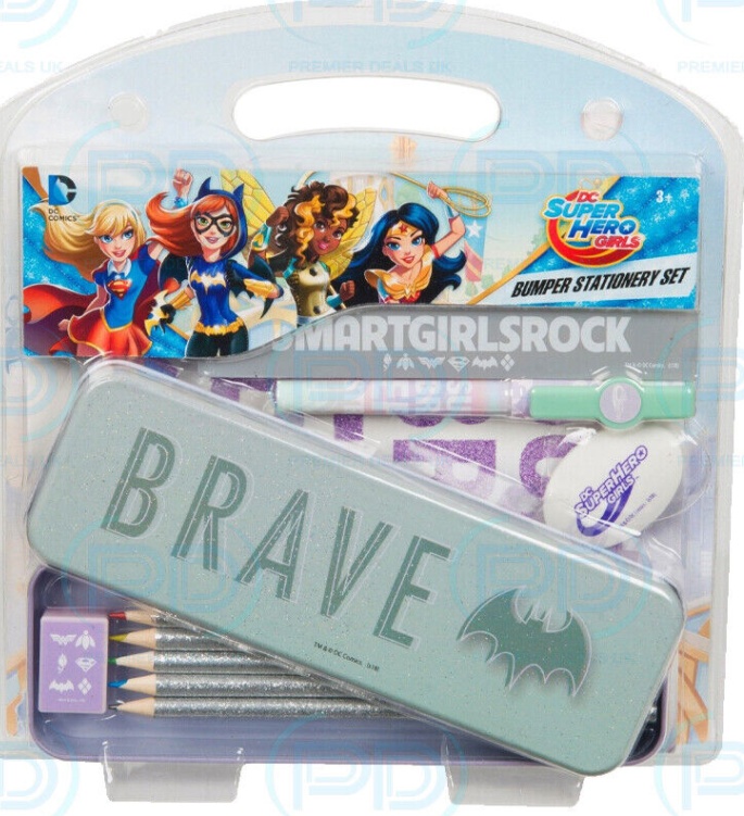 DC Super Hero Girls Bumper Stationery Set with Glitter Pencils, Tin, Pens & More