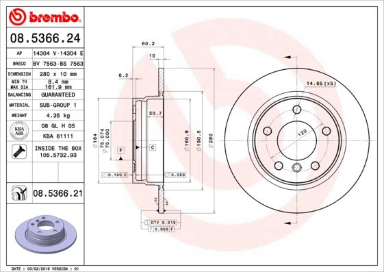 2x Brake Discs Pair Solid Rear 280mm 08.5366.21 Brembo Set 34211158936 Quality