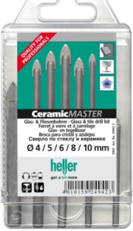 Heller QuickBit Tile & Glass 5pc Set Ceramic Drill Bits 4mm 5 6 8 10mm