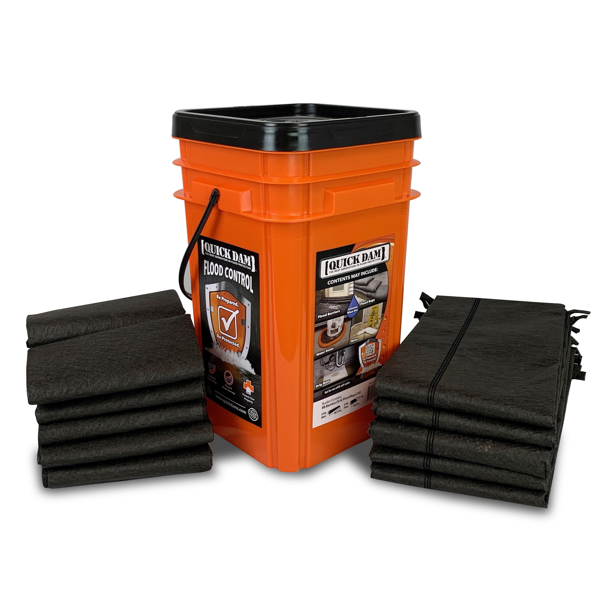 Quick Dam QDGGCO Grab & Go Bucket Combo - 5x 5ft Flood Barriers, 10x Flood Bags