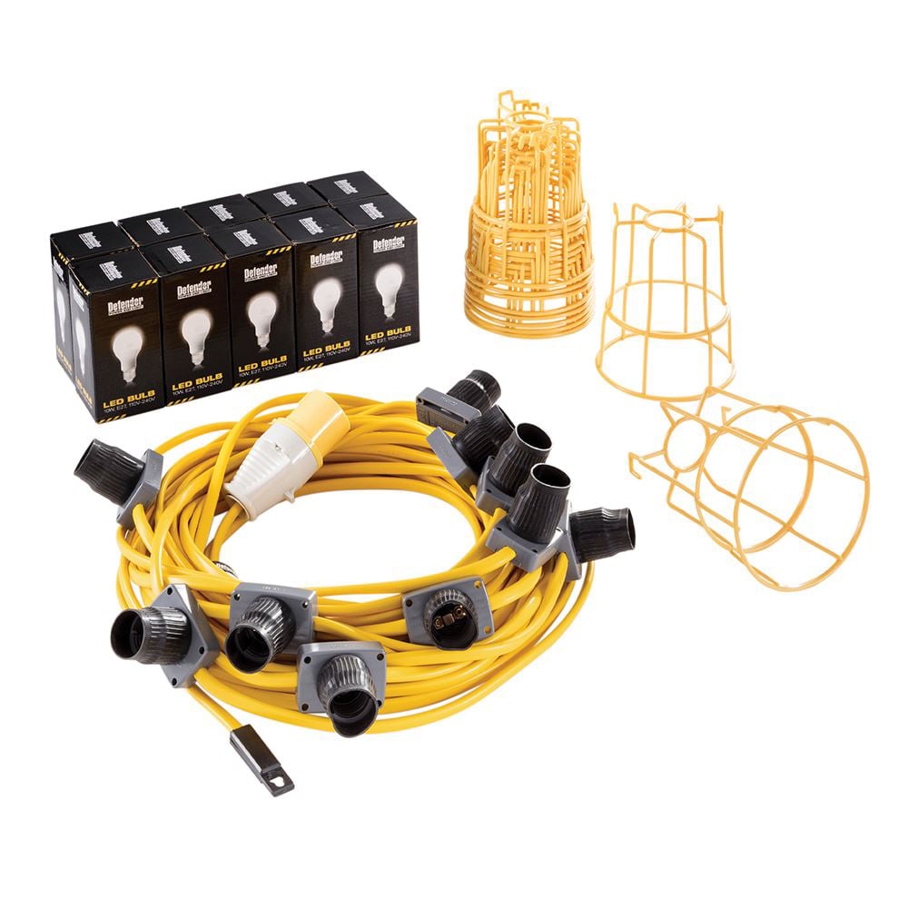 Defender E89811 22m Festoon String Lighting Site Light Kit + LED Bulbs 110v