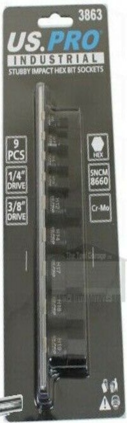 US PRO INDUSTRIAL 9pc 1/4"" 3/8"" dr Stubby Impact Hex Allen Key Bit Sockets 3863 - Image 2