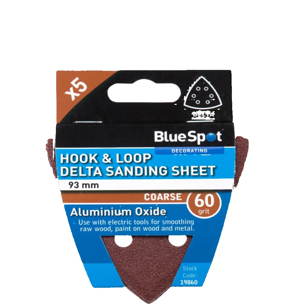 93mm HOOK & LOOP 120 GRIT 6 HOLE DELTA SANDING SHEETS PACK OF 5, BLUE SPOT 19862