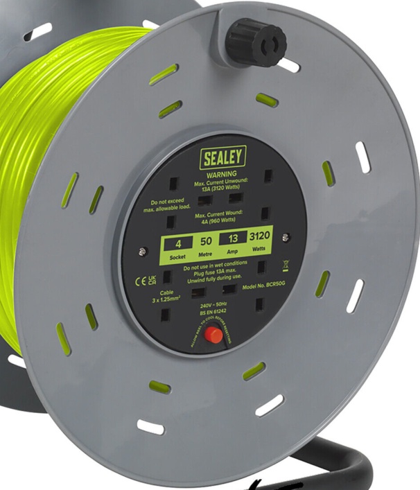 Sealey BCR50G 50m Cable Reel with Thermal Trip 4 x 230V - Hi-Vis Green