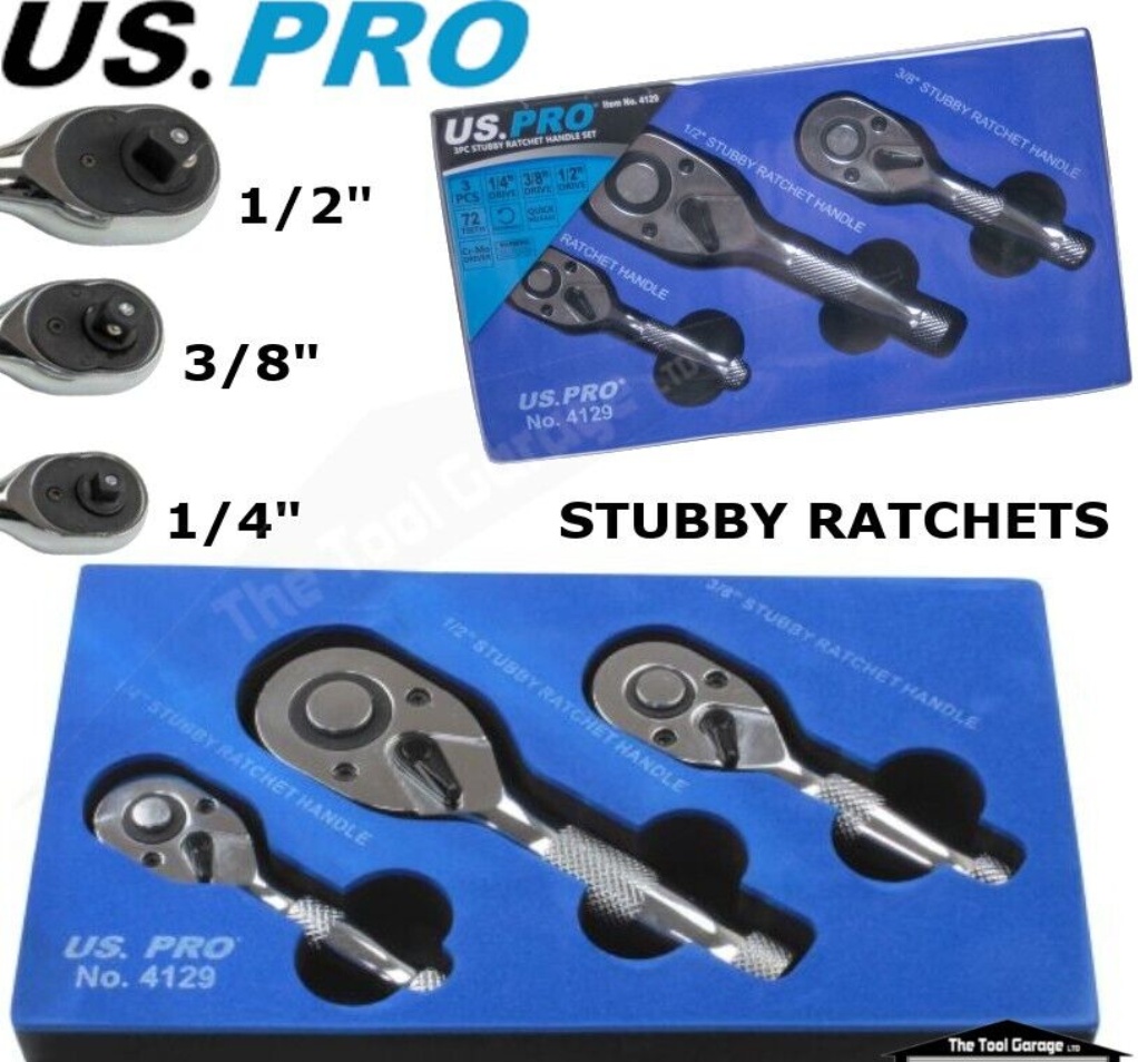 US PRO 3pc STUBBY RATCHET HANDLE SET 1/4 - 3/8 & 1/2""dr B4129