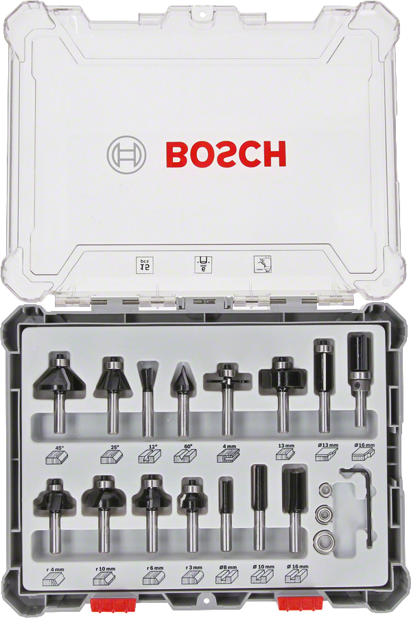 Bosch Milling Cutter Set 6mm Shank 15-Piece for Woodwork