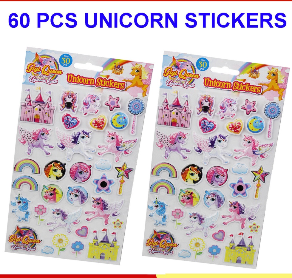 60 Unicorn Vinyl 3D Art Puffy Stickers Party Bag 2 Packs of 30 Stickers Supplied