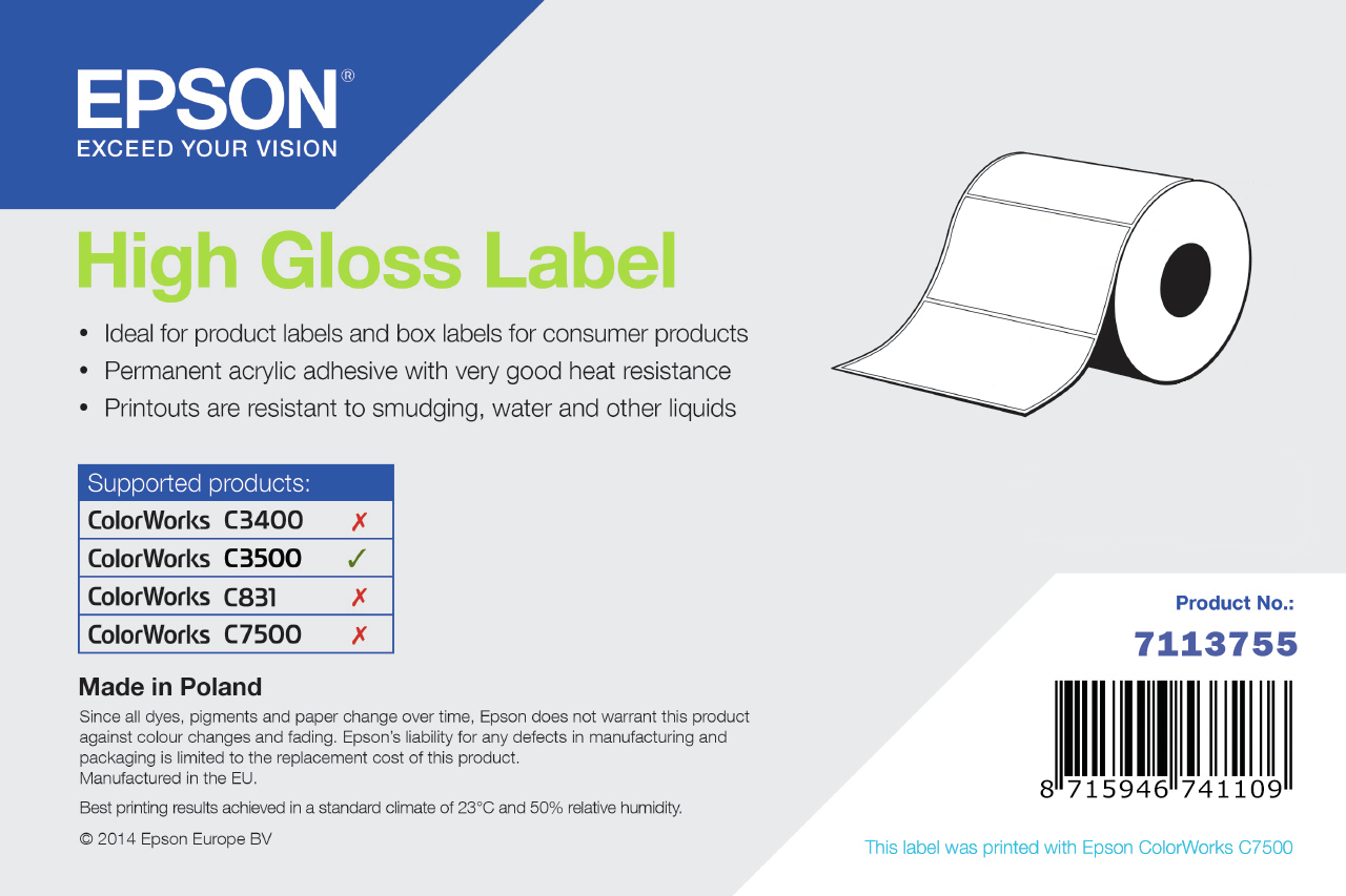 Epson Multipurpose Label 102 Mm Width X 152 Mm Length Roll High Gloss Die-Cut 21