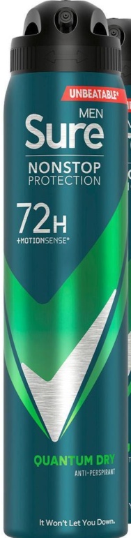 Sure Men Antiperspirant Deodorant Quantum Dry 72H Nonstop Protection 250ml, 36PK