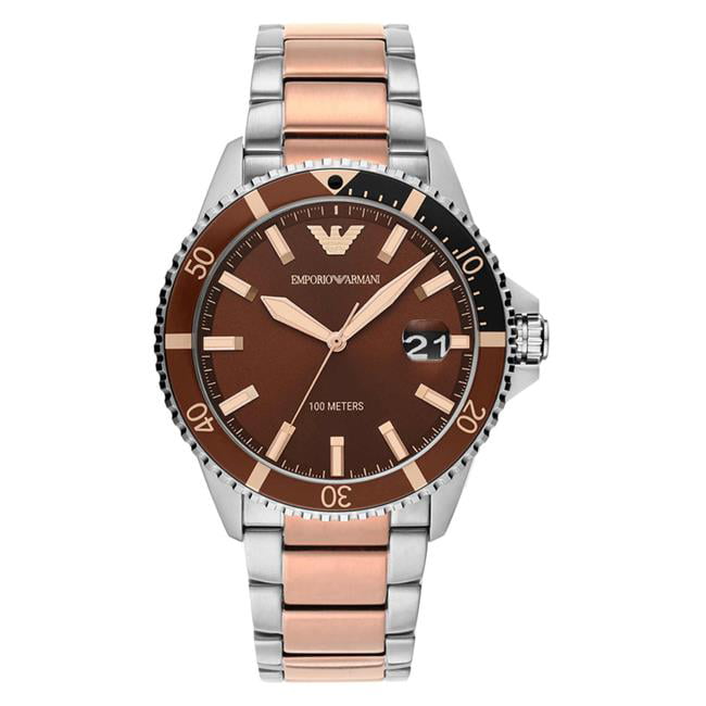 New EMPORIO ARMANI AR11340 Diver Two-Tone Brown Dial Stainless Steel Mens Watch