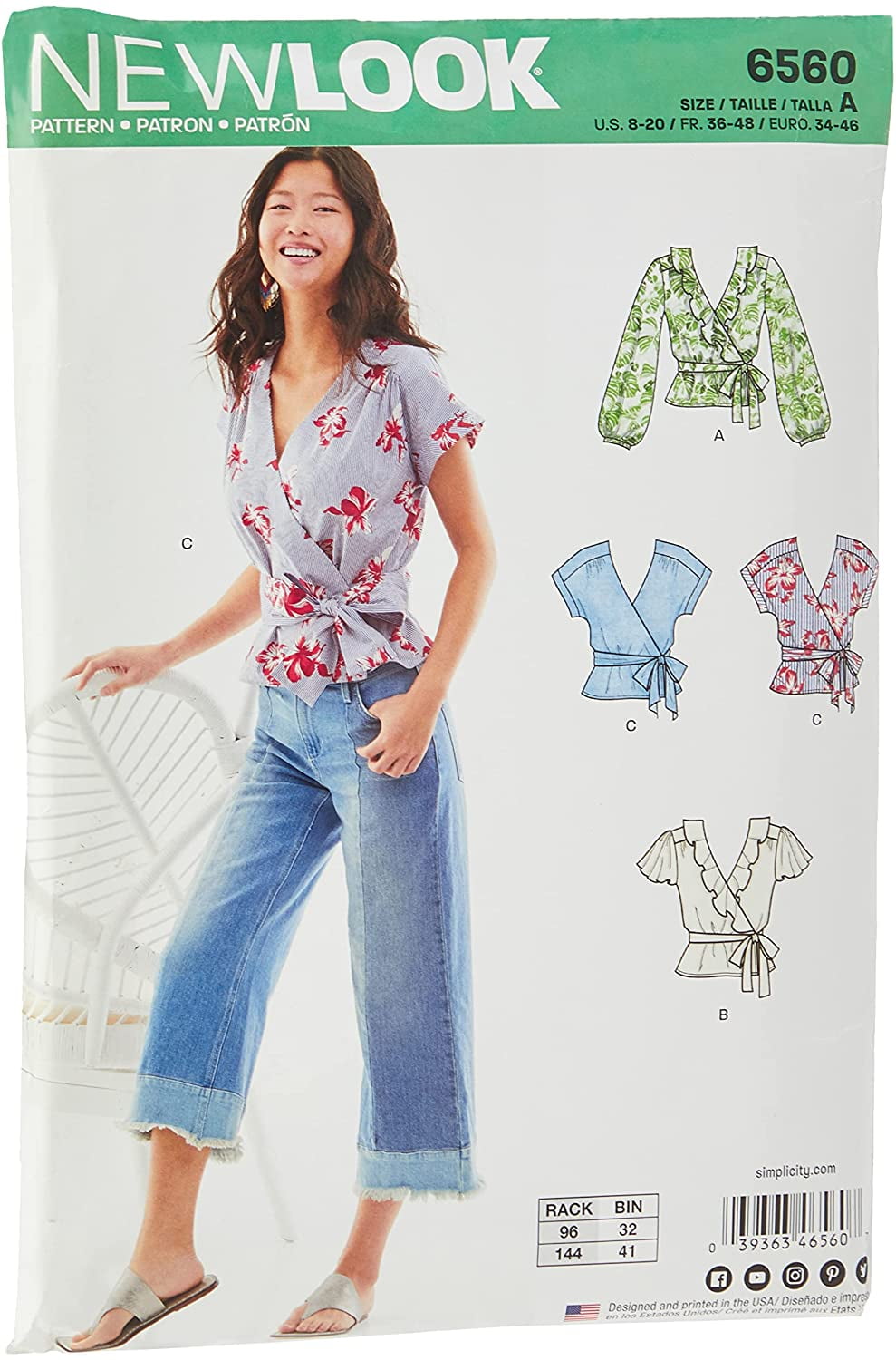 NEW LOOK 6560 MISSES' WRAP TOP with sleeve variation Sewing pattern Sizes 8 - 18