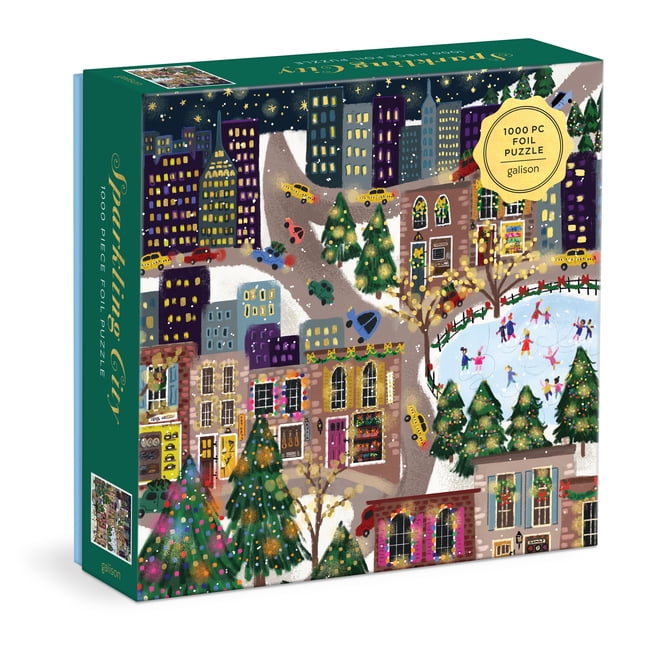 Galison Sparkling City – 1000 Piece Foil Puzzle with Illustrations of Colorful Merriments in The City with Gold Foil Accents - Image 4