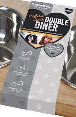ROSEWOOD WOODEN MEDIUM DOUBLE DINER PET DOG CAT RAISED FOOD WATER BOWLS 2X 300ML
