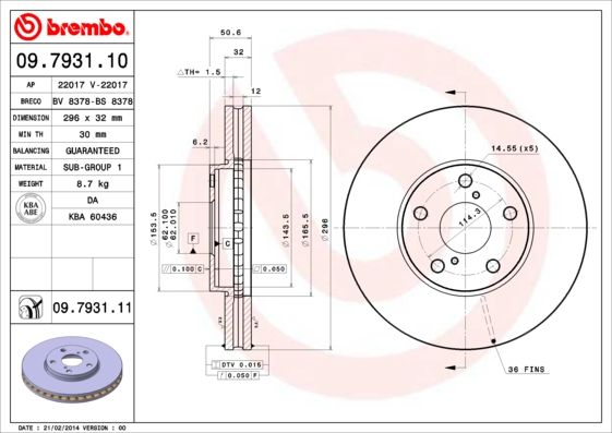 Brembo 2x Brake Discs Pair Vented Front 296mm 09.7931.11 Set 4351224051 Quality