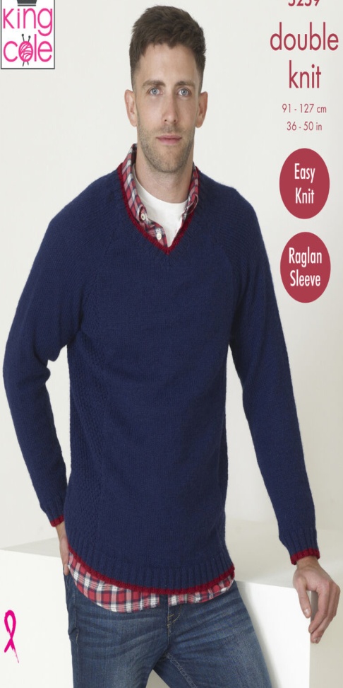 Easy Knit Mens Raglan Sleeve Sweaters Double Knitting Pattern King Cole 5259 - Image 4