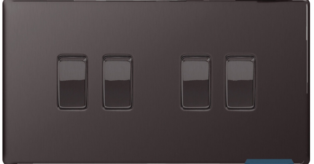 BG FBN44 Black Nickel Satin Quad Light Switch 4 Gang 2 Way Screwless Flatplate