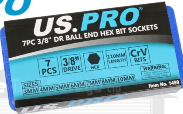 US PRO 7pc 3/8""Dr Long Ball End Hex Bit Socket Set 3 - 10mm Allen Key 1499