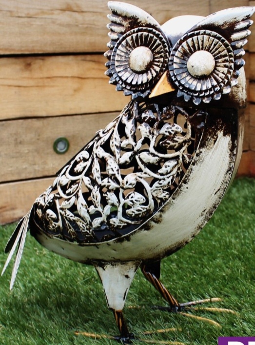 Primus Hand Crafted Metal White Solar Owl Light Decorative Garden Bird Ornament
