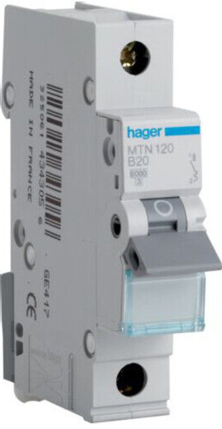 Hager MCB MTN120 20 Amp SP MCB Miniature Circuit Breaker 20A