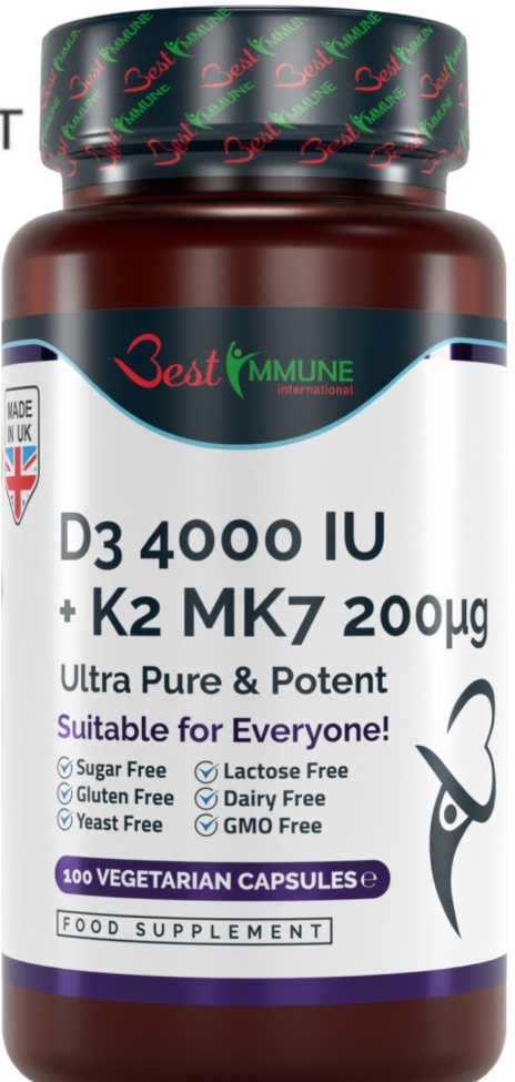 Natural Vitamin D3 4000IU K2 MK7 200mcg 100 Pharmaceutical Grade Capsules