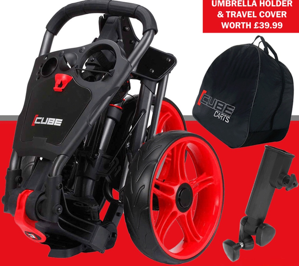 SKYMAX CUBE COMPACT 3 WHEELED GOLF TROLLEY / BLACK - RED +FREE £39.99 GIFT PACK