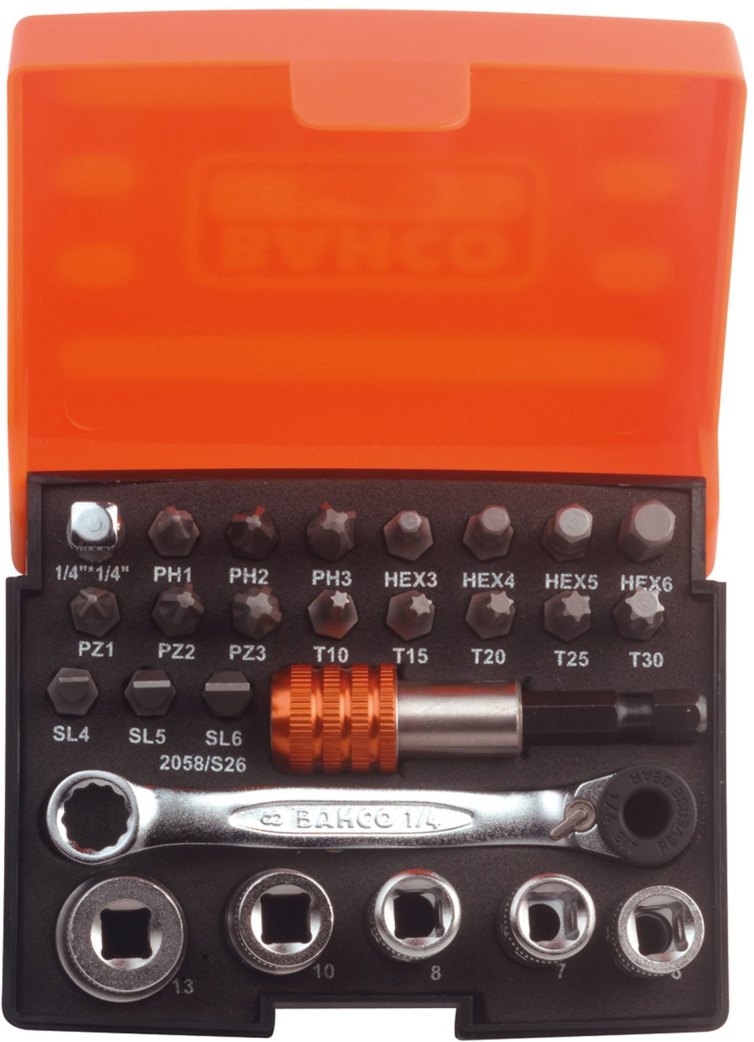 Bahco 2058/S26 1/4"" Drive Ratchet and Socket Set 26 Pcs