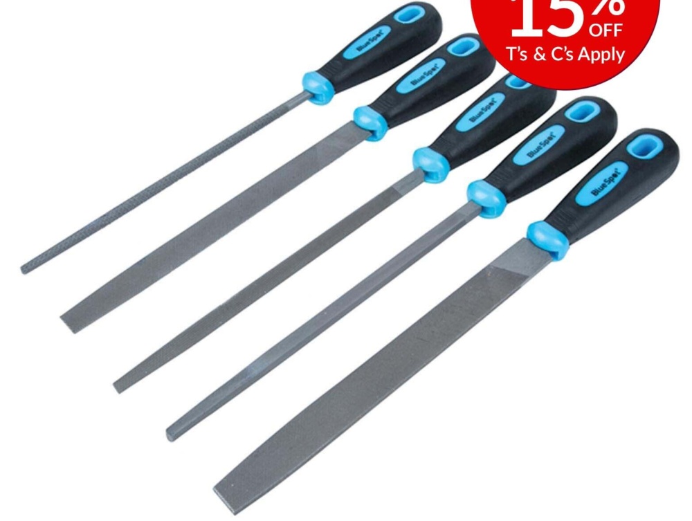 BlueSpot Engineers File Set Half Round Triangle Flat Square Rubber Grips 5pc