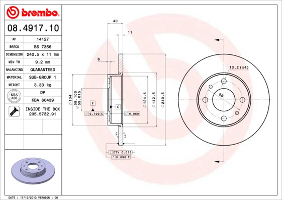 Brembo Rear Pair Solid Brake Discs 08.4917.10 - Fits ALFA ROMEO, FIAT