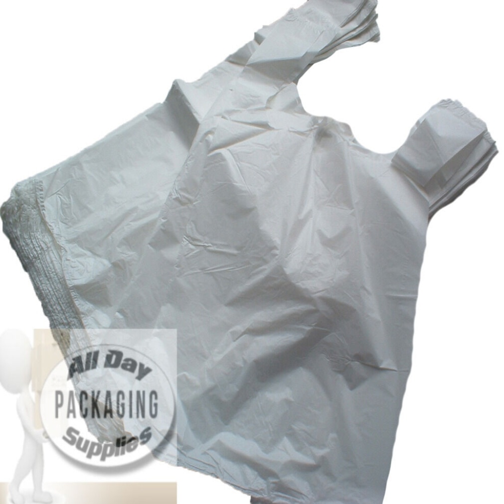 1500 LARGE WHITE VEST CARRIER SHOPPING BAGS 11 X 17 X 21"" PLASTIC POLYTHENE POLY