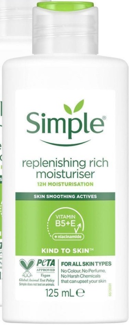 6x of 125ml Simple Kind to Skin 12H Moisturisation Replenishing Rich Moisturiser