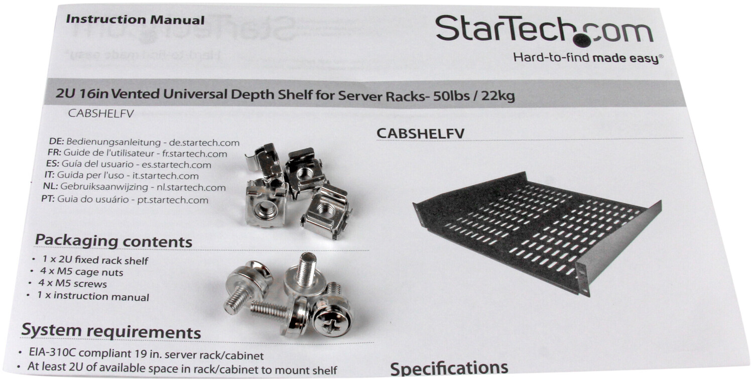 StarTech.com 2U Server Rack Shelf - Universal Vented Rack Mount Cantilever Tray