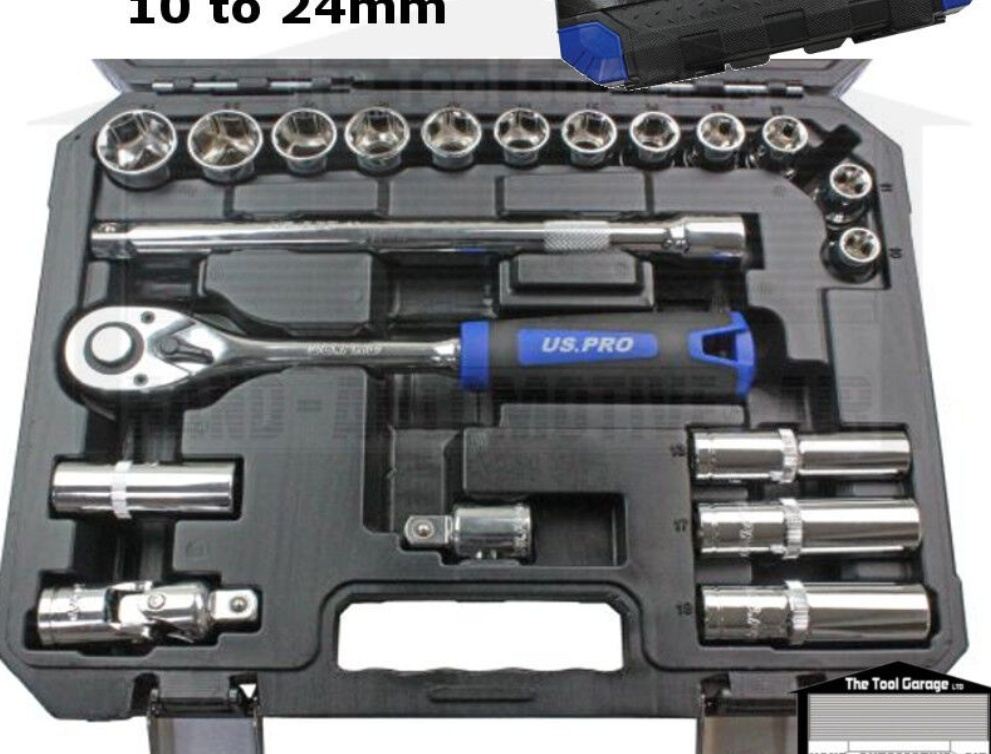 US PRO Tools 20 Piece 1/2"" Dr Metric Socket Set 6pt 10 - 24mm Shallow, Deep 3271