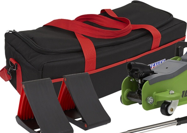 Sealey 1020LEHVBAGCOMBO 2tonne Low Entry Short Chassis Trolley Jack Hi-Vis Green