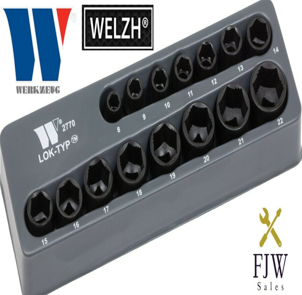 Welzh Werkzeug 3/8 Impact Socket Set 15pc Lok-Typ Works On 85% Rounded Nuts