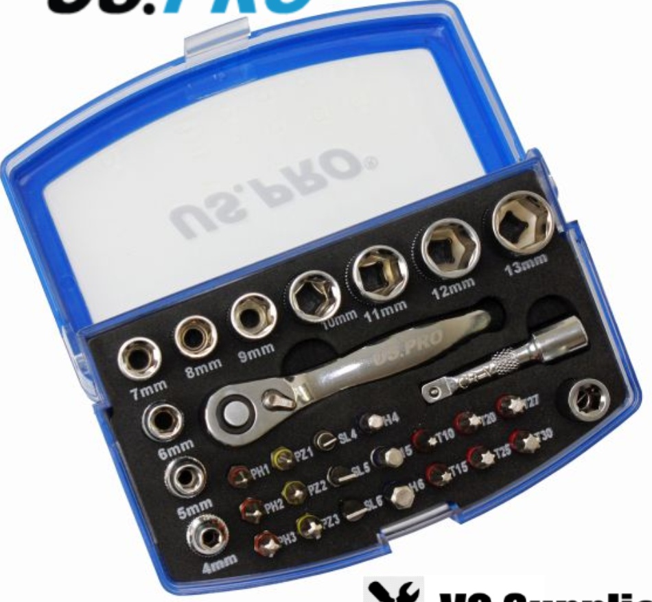 US PRO 31 Piece 1/4"" Dr Socket & Bit Set With Ratchet 3219