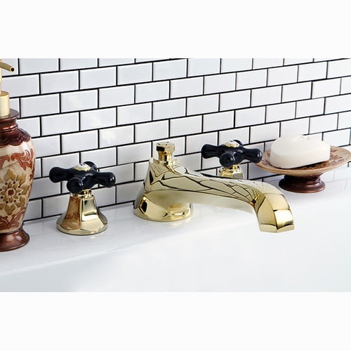 Kingston Brass Ks4302pkx Metropolitan Onyx Roman Tub Filler With Black Porcelain Cross Handle Cross Handle, Polished Brass 663370304217