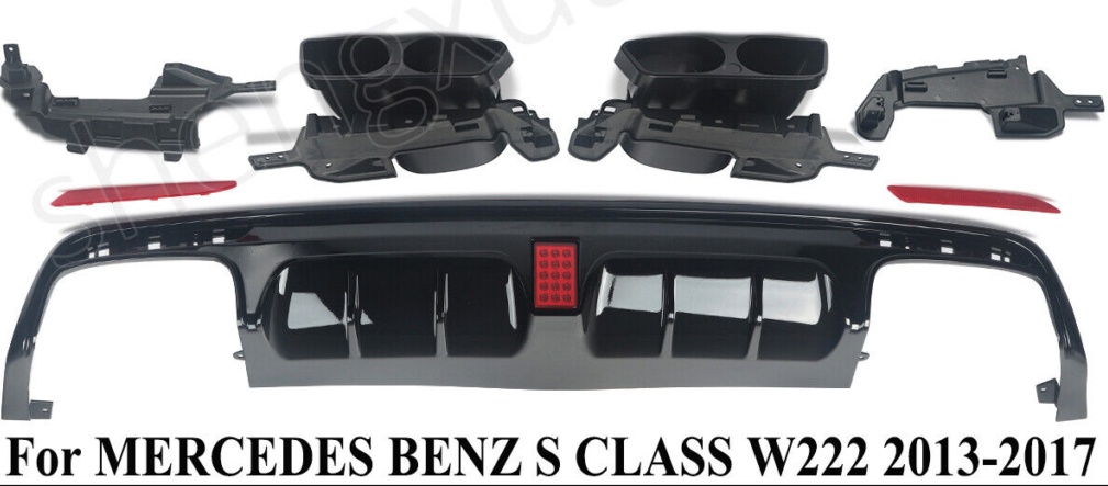 REAR DIFFUSER & TAILPIPES B STYLE GLOSS BLACK FOR MERCEDES S CLASS W222 13-2017