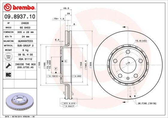 Brembo Pair Vented Brake Discs 09.8937.10  - Meets or Exceeds OE Standards