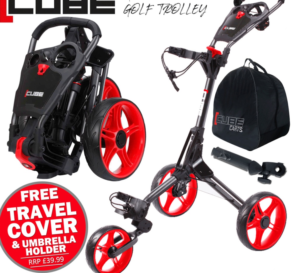 SKYMAX 2026 CUBE COMPACT GOLF PUSH TROLLEY BLACK / RED +FREE £39.99 GIFT PACK !!