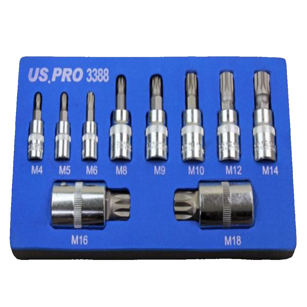 US PRO Tools 10pc Triple Square Spline Bit Sockets In Foam Tray 3388