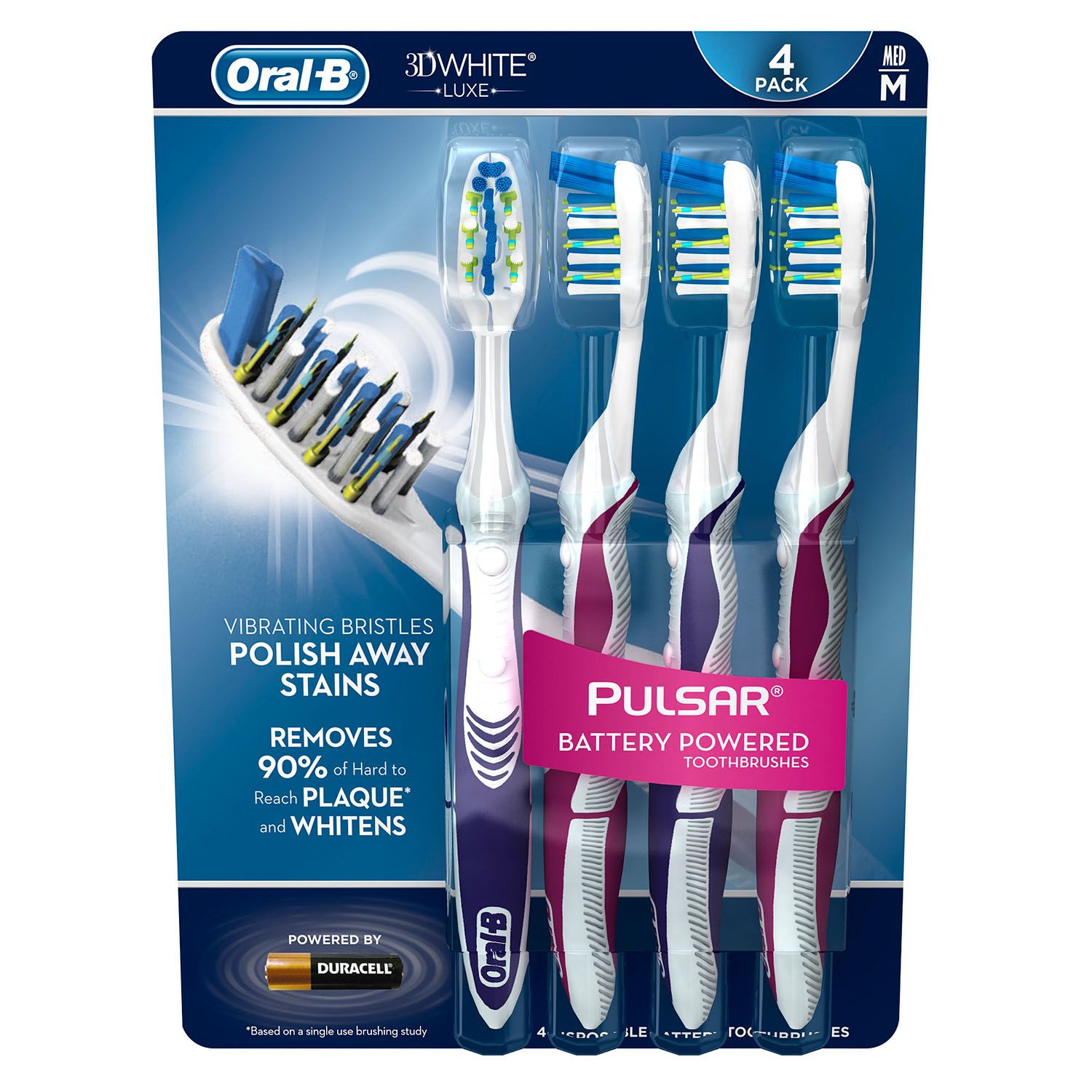 New Oral-B 3D Pulsar Battery Powered Toothbrush,, 4 Pack White 32538 Medium