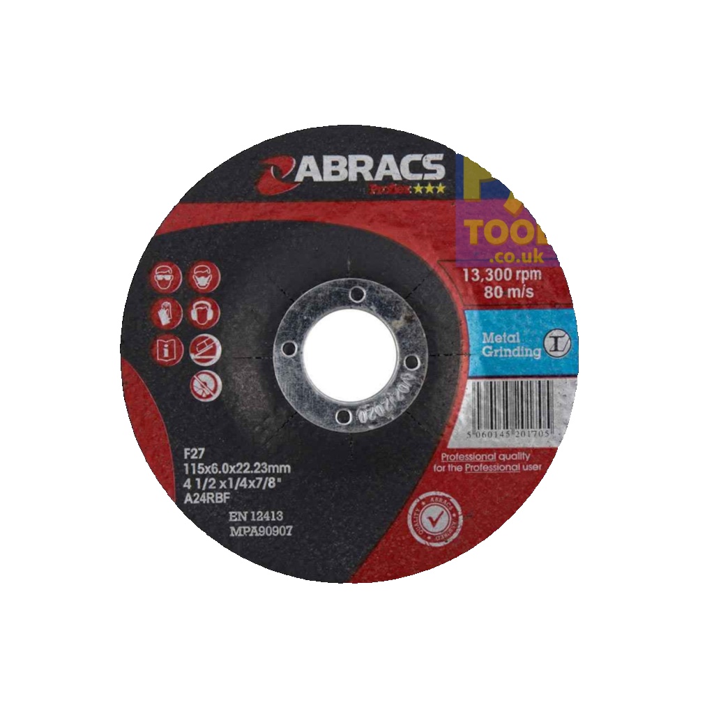 5 x Abracs 115mm x 6.0mm 22mm bore depressed centre metal grinding discs steel